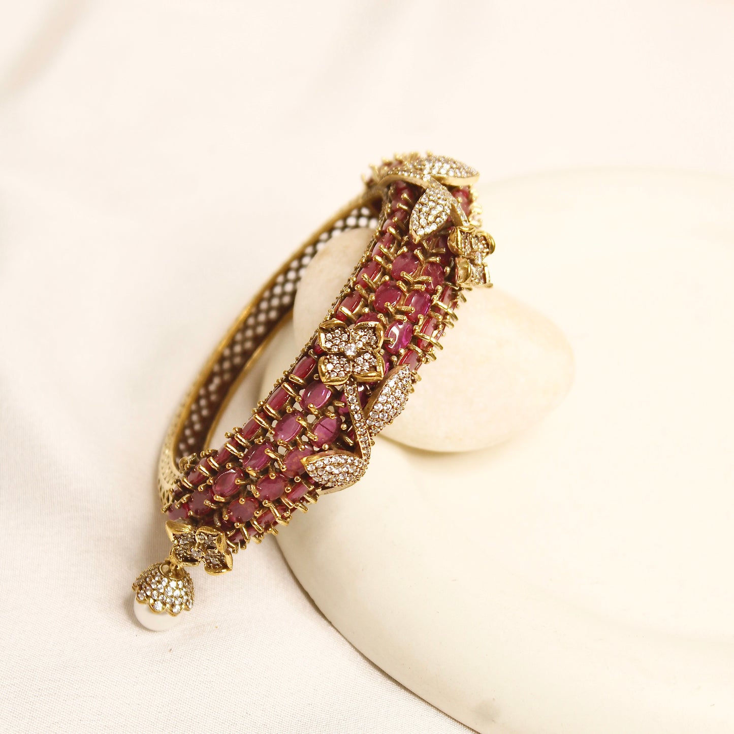 Ruby Pink Beaded Leaf Motif Layered Kada – product view 4