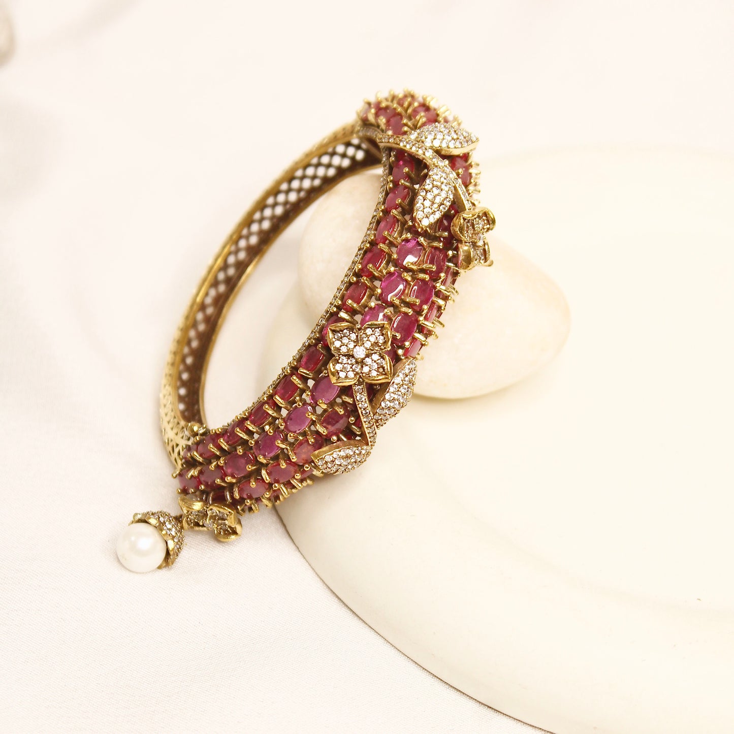 Ruby Pink Beaded Leaf Motif Layered Kada – product view 5