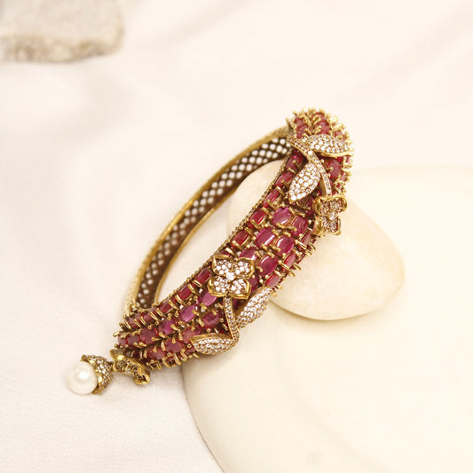 Ruby Pink Beaded Leaf Motif Layered Kada – product view 6