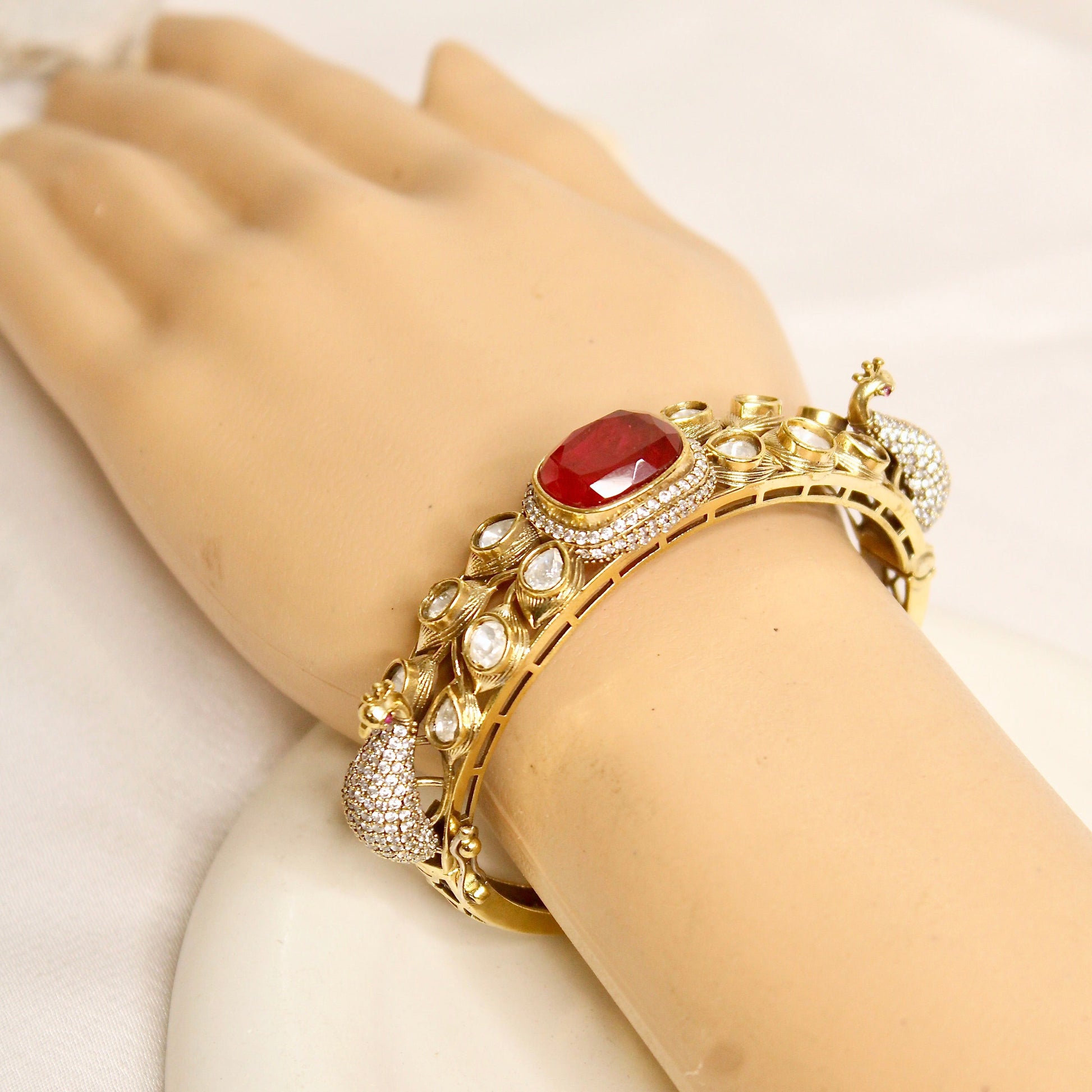 Ruby Pink Polki Elephant Motif Kada – wrist view