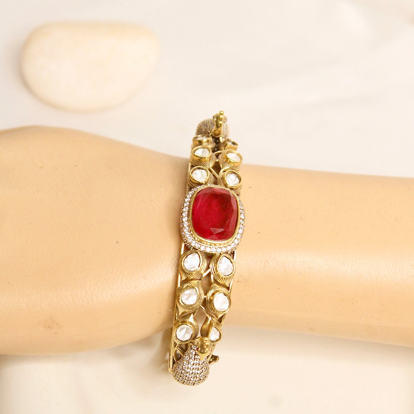 Ruby Pink Polki Elephant Motif Kada – wrist view