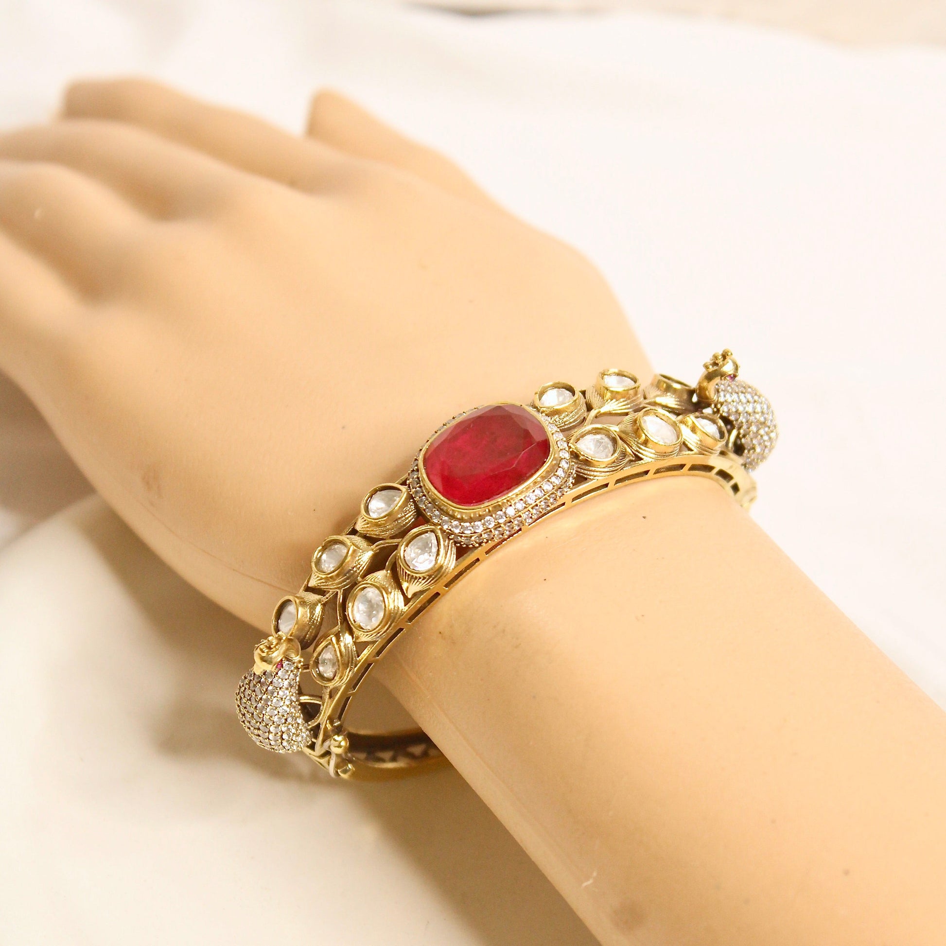 Ruby Pink Polki Elephant Motif Kada – wrist view