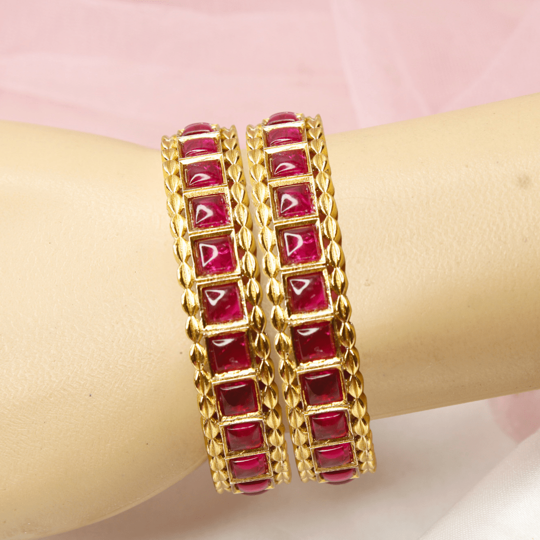 Ruby Pink Stone Bangles Set of 2 – Gold Plated Bridal & Festive Bangles