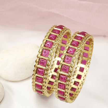 Ruby Pink Stone Bangles Set of 2 – Gold Plated Bridal & Festive Bangles