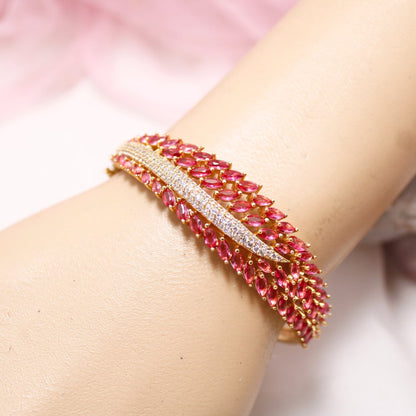 Ruby Red Leaf Design AD Openable Kada – Gold Finish Bracelet