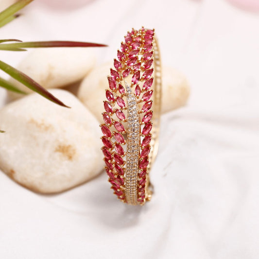 Ruby Red Leaf Design AD Openable Kada – Gold Finish Bracelet