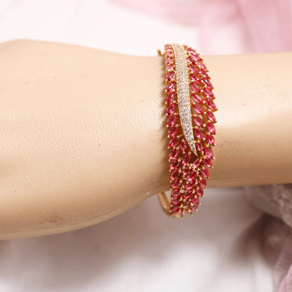 Ruby Red Leaf Design AD Openable Kada – Gold Finish Bracelet