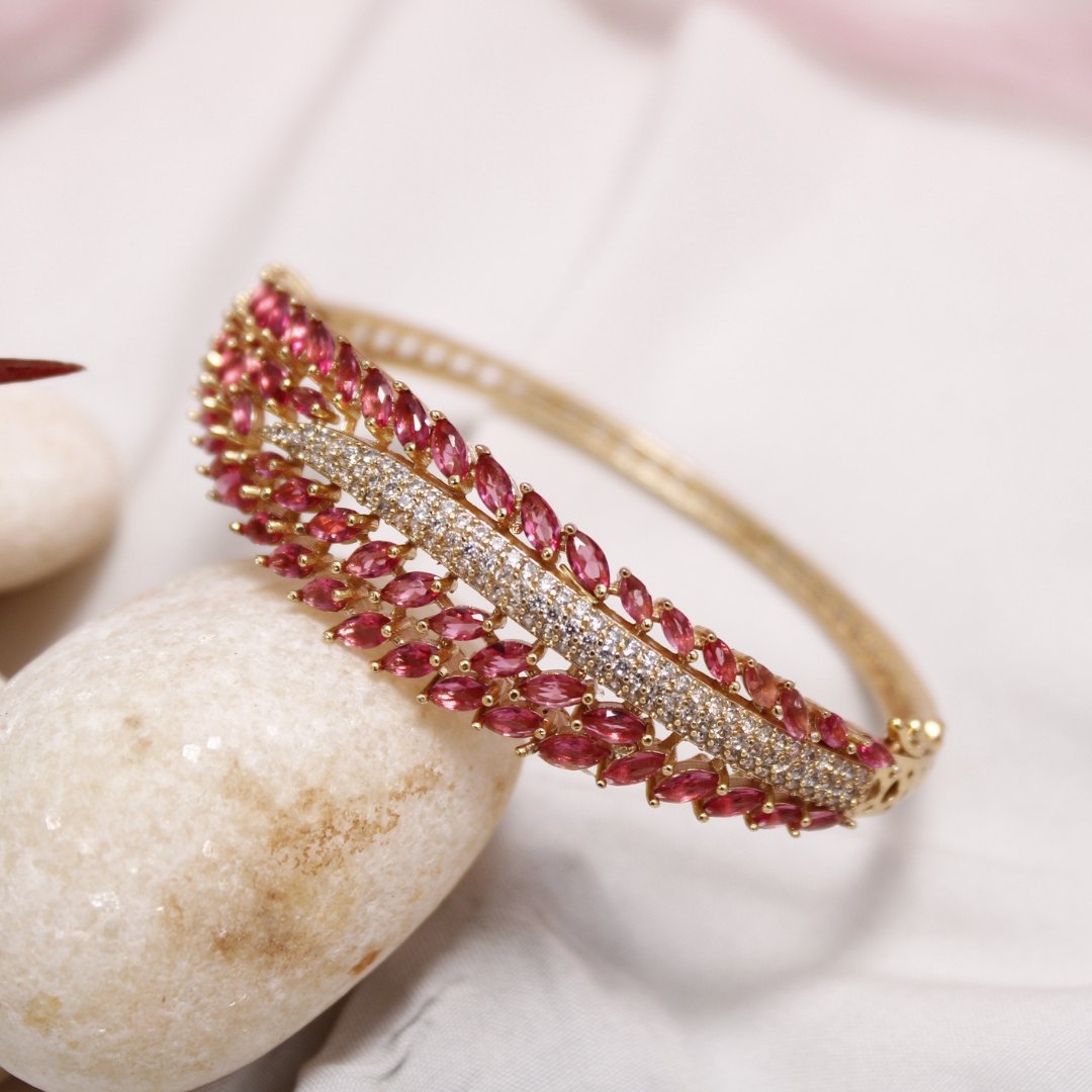 Ruby Red Leaf Design AD Openable Kada – Gold Finish Bracelet