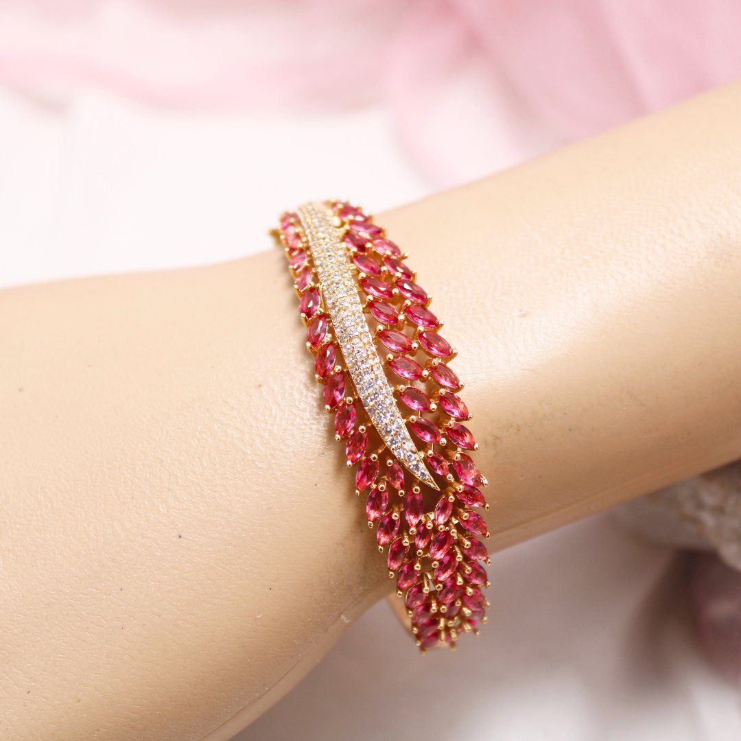 Ruby Red Leaf Design AD Openable Kada – Gold Finish Bracelet