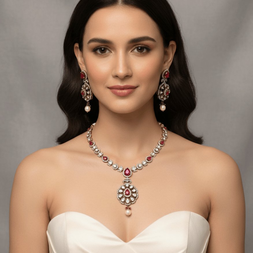 Ruby Red & Pearl Antique Necklace Set