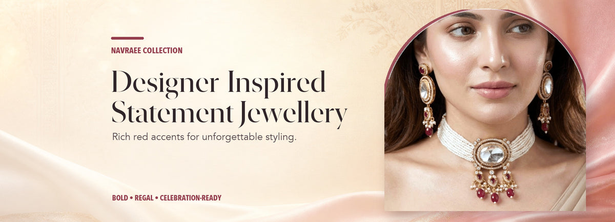 Designer-Inspired Statement Jewellery collection header banner featuring Celebrity-Inspired Ruby Pink Uncut Polki Pearl Choker Necklace Set