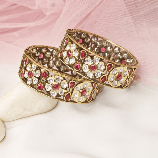 Sabyasachi - Inspired Red & Polki Kada (Set of 2) – Navraee Antique Gold Bangl