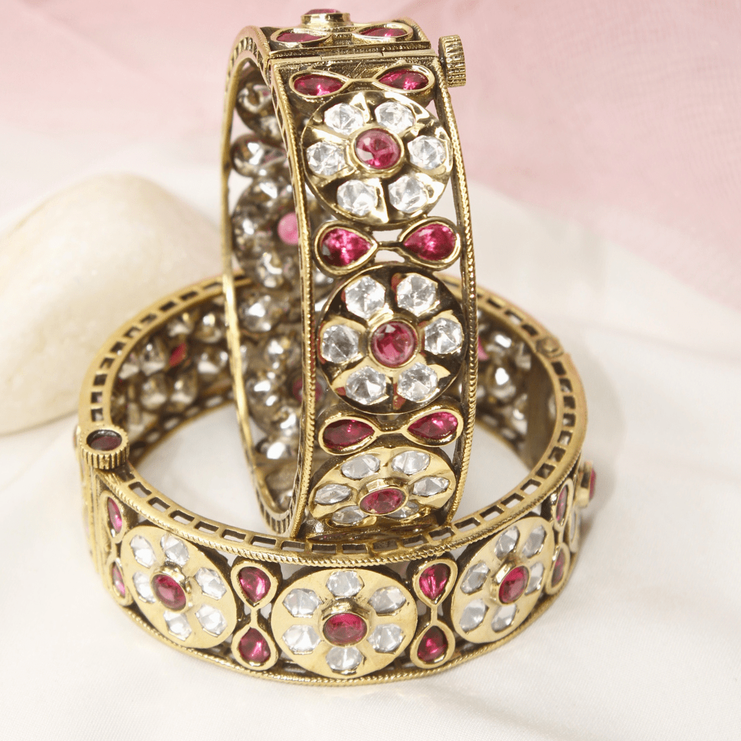 Sabyasachi - Inspired Red & Polki Kada (Set of 2) – Navraee Antique Gold Bangl