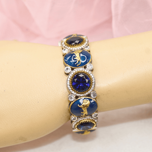 Sabyasachi - Inspired Royal Lion Kada – Deep Blue Stones & Antique Gold Moti
