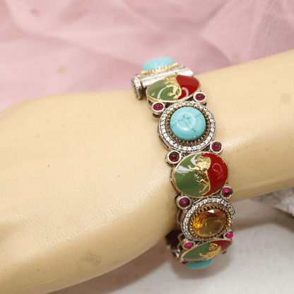Sabyasachi - Style Multi - Stone Lion Kada – Turquoise, Red & Amber Designer Bang