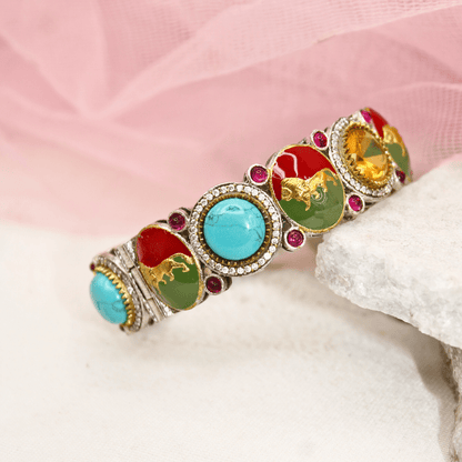 Sabyasachi - Style Multi - Stone Lion Kada – Turquoise, Red & Amber Designer Bang