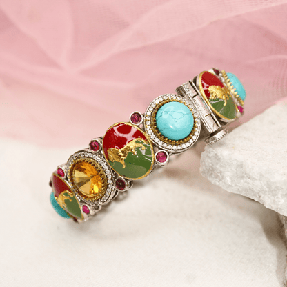 Sabyasachi - Style Multi - Stone Lion Kada – Turquoise, Red & Amber Designer Bang