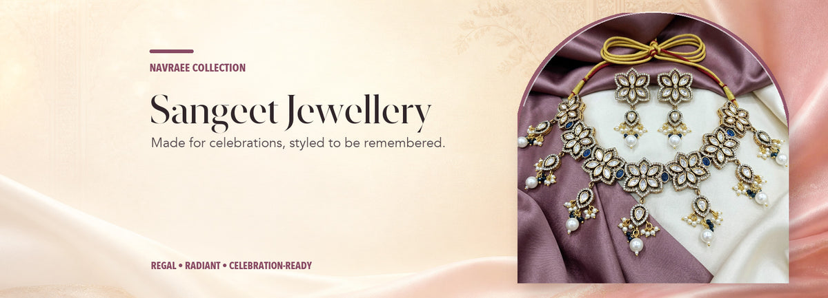 Sangeet Jewellery collection header banner featuring Royal Polki Floral Necklace Set With Blue Stones And Pearls
