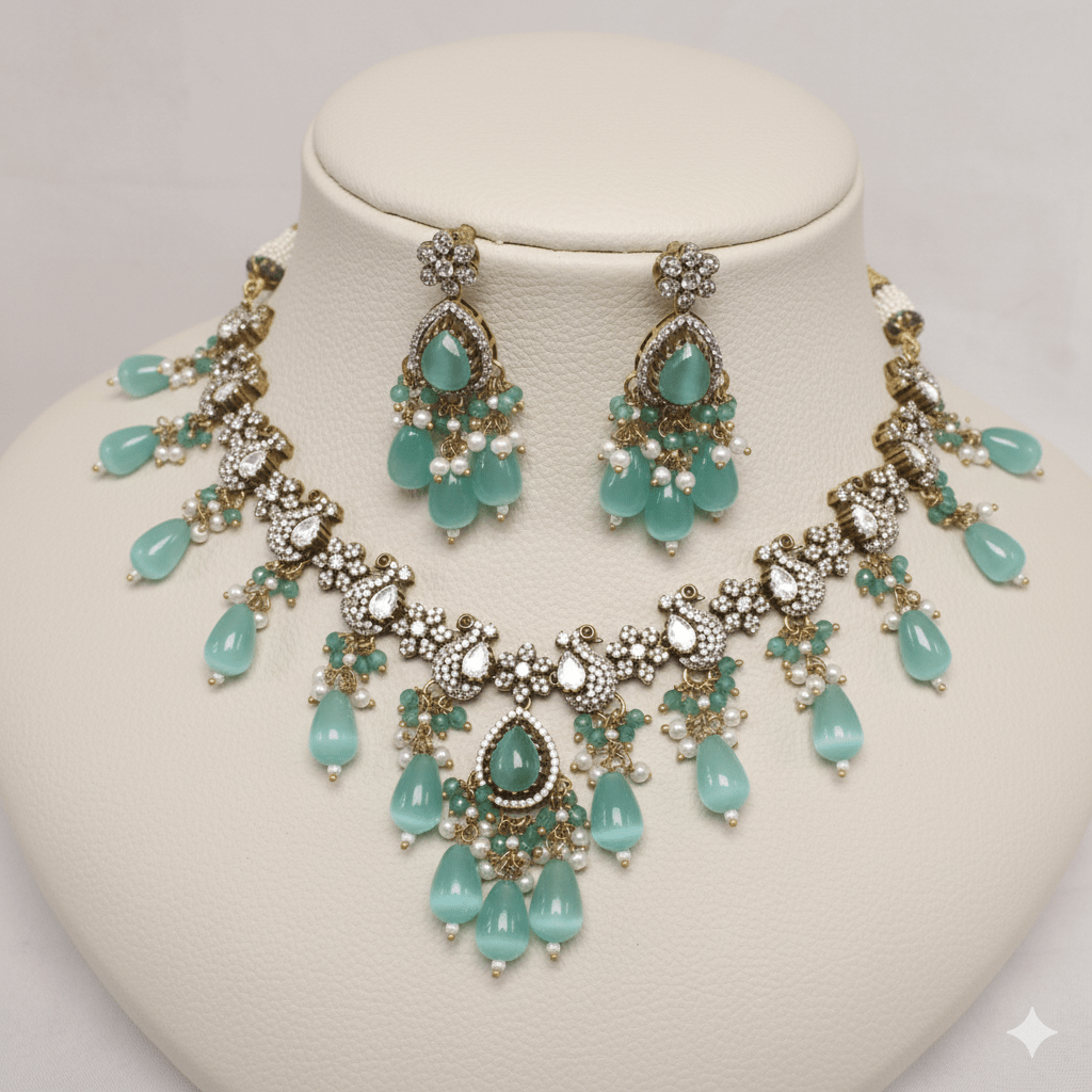 Sea Green Beaded Antique Necklace Set