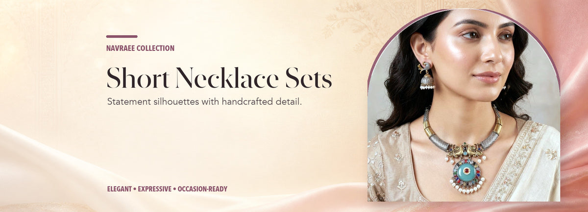 Short Necklace Sets collection header banner featuring Antique Dual Tone Peacock Collar Necklace Set With Multicolour Stones And Jhumki