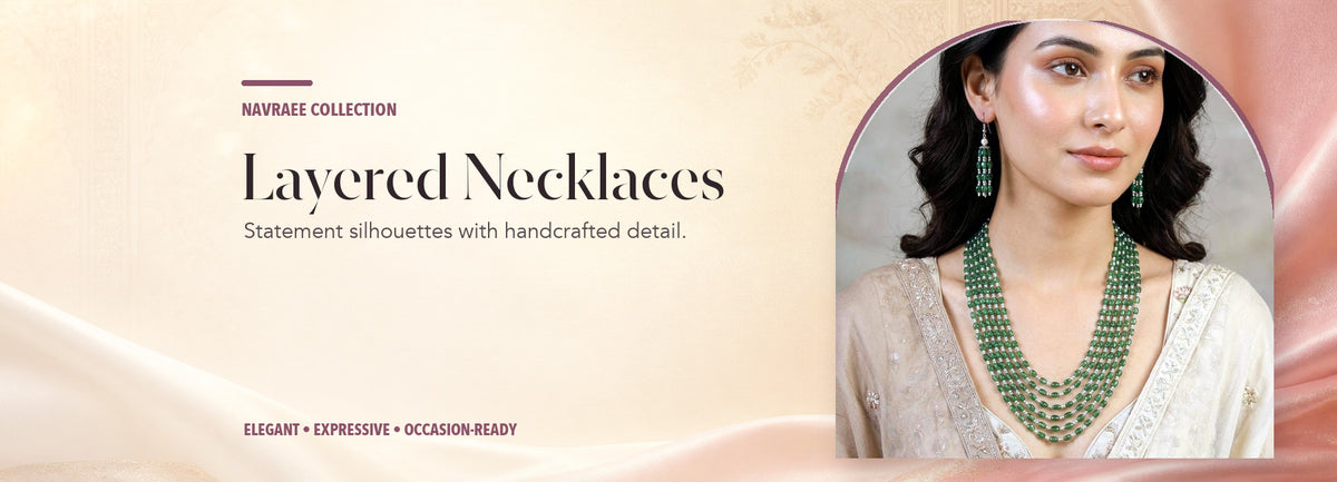Layered Necklaces collection header banner featuring Emerald Green Multi-Layered Beaded Necklace Set With Matching Earrings