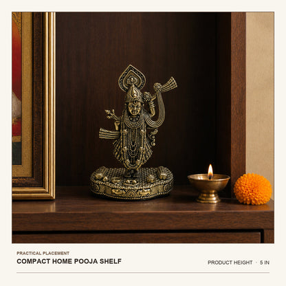 Shrinathji Brass Idol – 5 Inch shown on a compact home pooja shelf