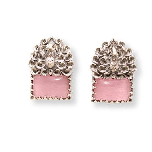 SILVER LOOK ALIKE DANCING PEACOCK STONE STUD - PINK