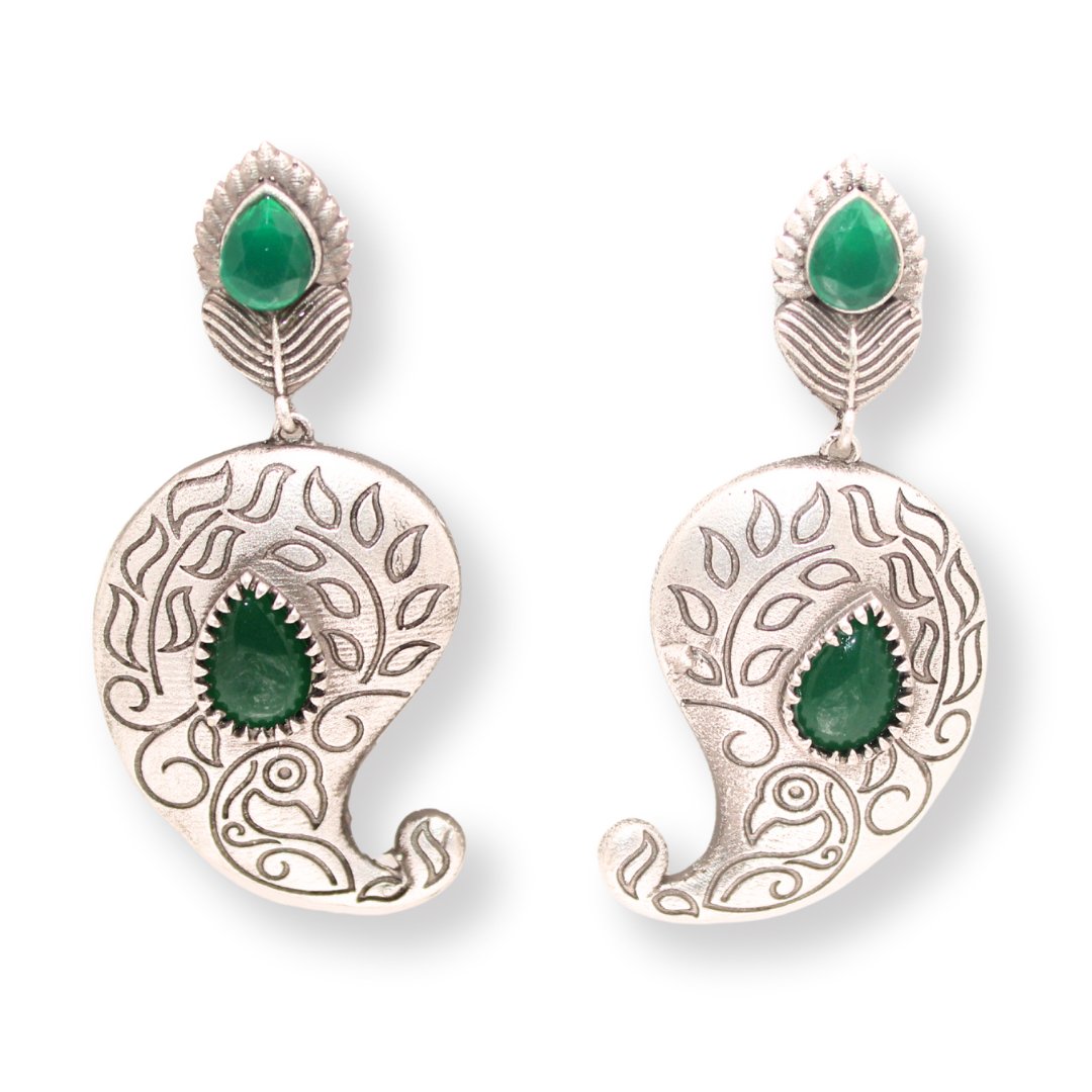 SILVER LOOK ALIKE KUNJ KALI EARRING - GREEN