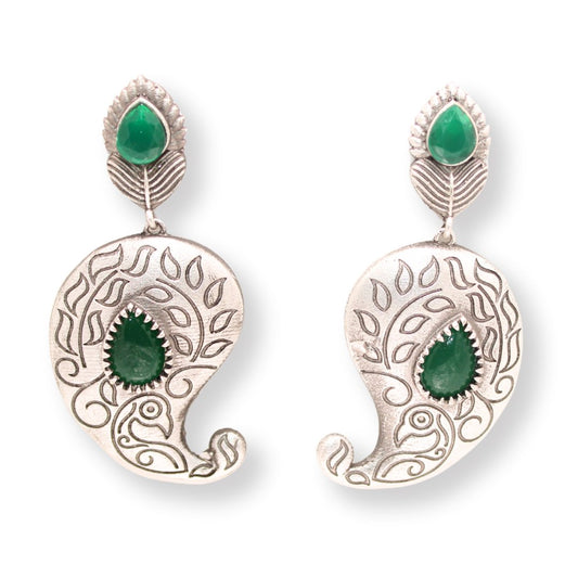 SILVER LOOK ALIKE KUNJ KALI EARRING - GREEN