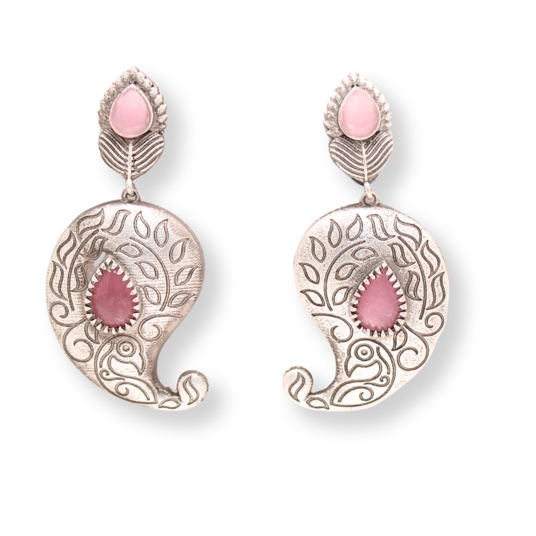SILVER LOOK ALIKE KUNJ KALI EARRING - PINK