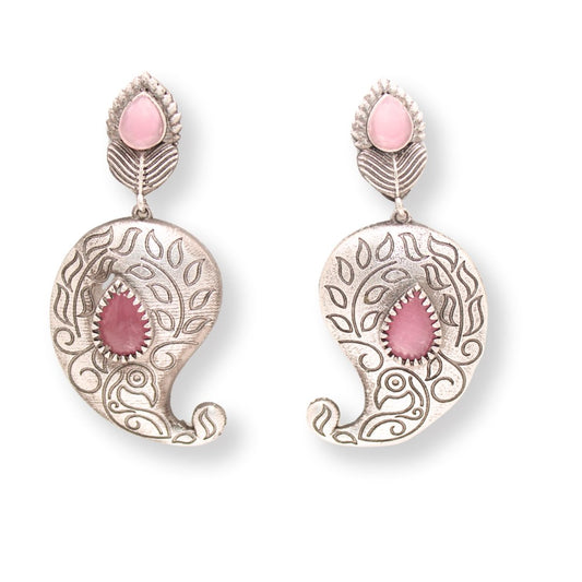 SILVER LOOK ALIKE KUNJ KALI EARRING - PINK