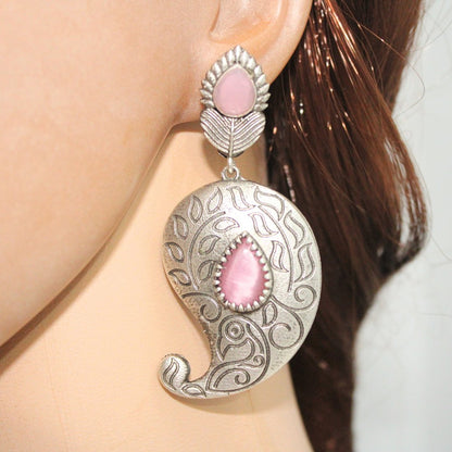 SILVER LOOK ALIKE KUNJ KALI EARRING - PINK