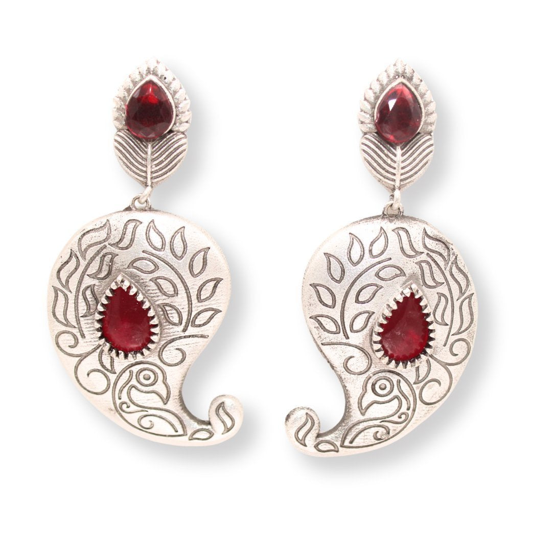 SILVER LOOK ALIKE KUNJ KALI EARRING-RED