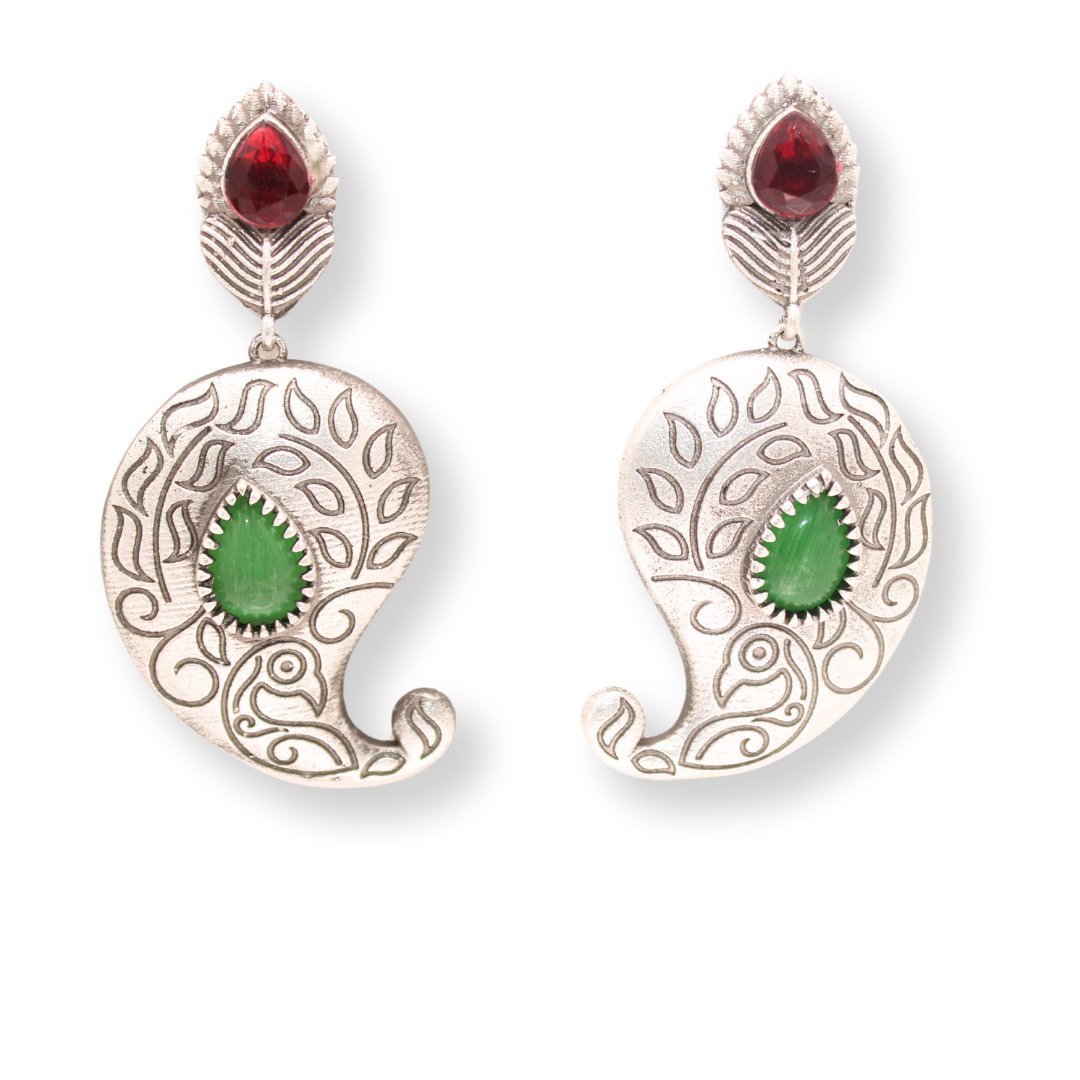 SILVER LOOK ALIKE KUNJ KALI EARRING-RED & GREEN