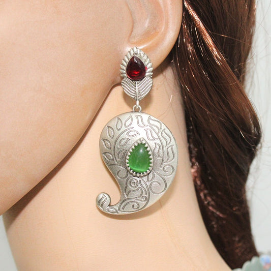 SILVER LOOK ALIKE KUNJ KALI EARRING - RED & GREEN