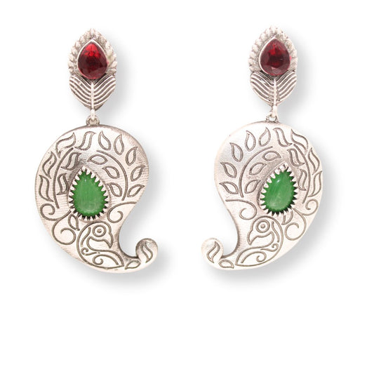 SILVER LOOK ALIKE KUNJ KALI EARRING - RED & GREEN