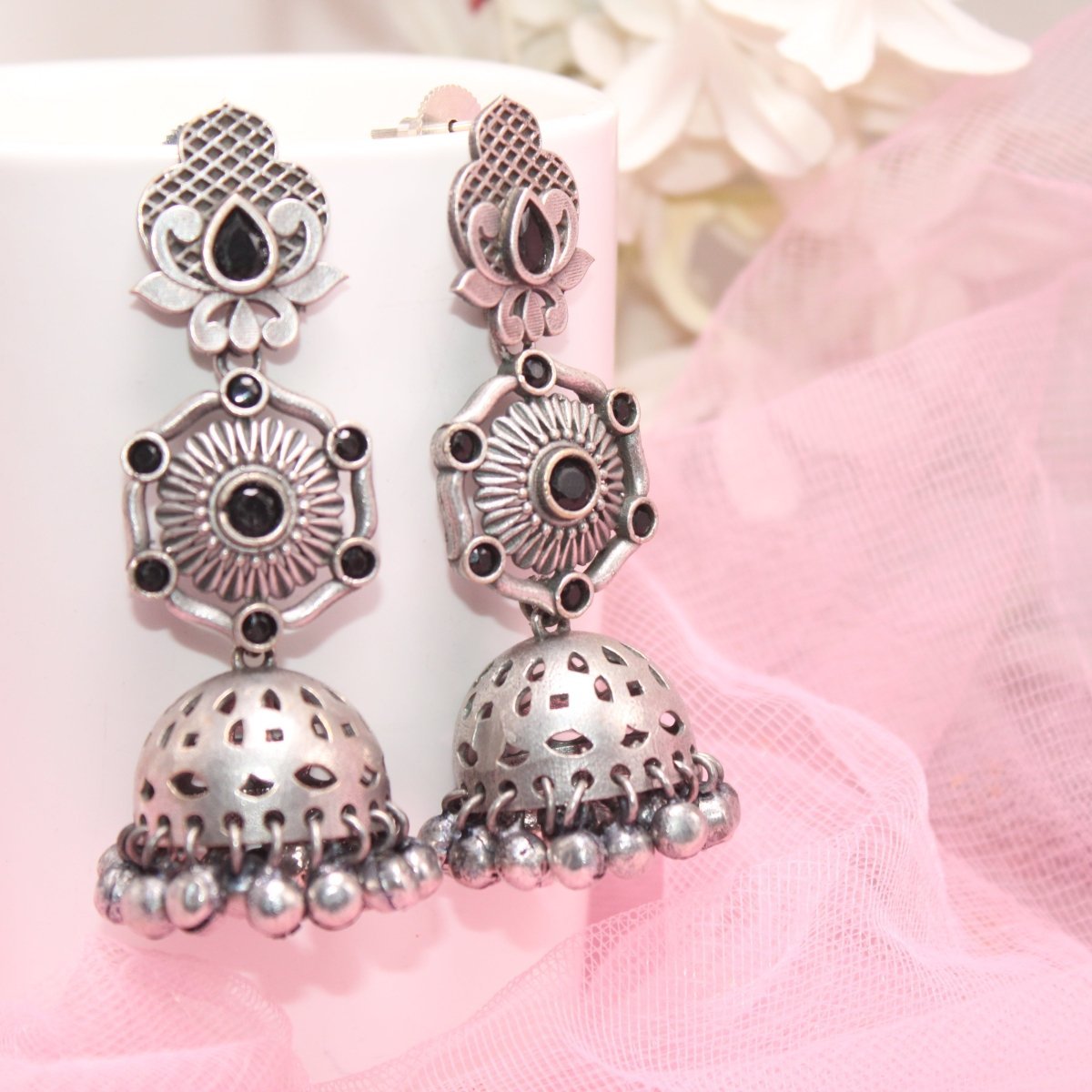 SILVER LOOK ALIKE LONG JHUMKA WITH GHUNGROO-BLACK