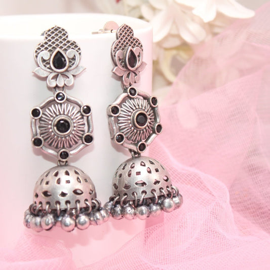 SILVER LOOK ALIKE LONG JHUMKA WITH GHUNGROO-BLACK