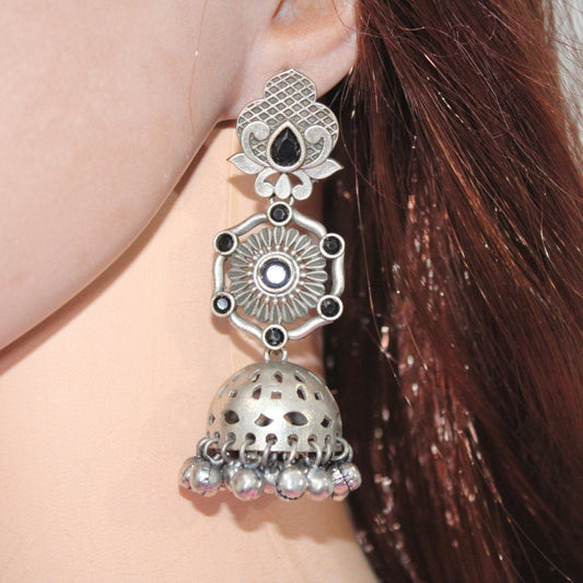 SILVER LOOK ALIKE LONG JHUMKA WITH GHUNGROO-BLACK