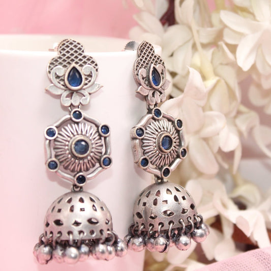 SILVER LOOK ALIKE LONG JHUMKA WITH GHUNGROO-BLUE