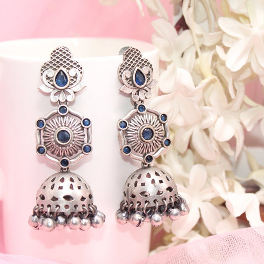 SILVER LOOK ALIKE LONG JHUMKA WITH GHUNGROO-BLUE