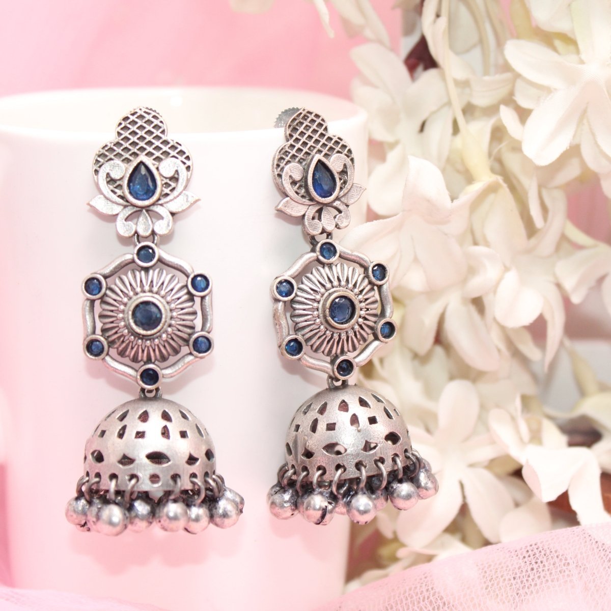 SILVER LOOK ALIKE LONG JHUMKA WITH GHUNGROO-BLUE