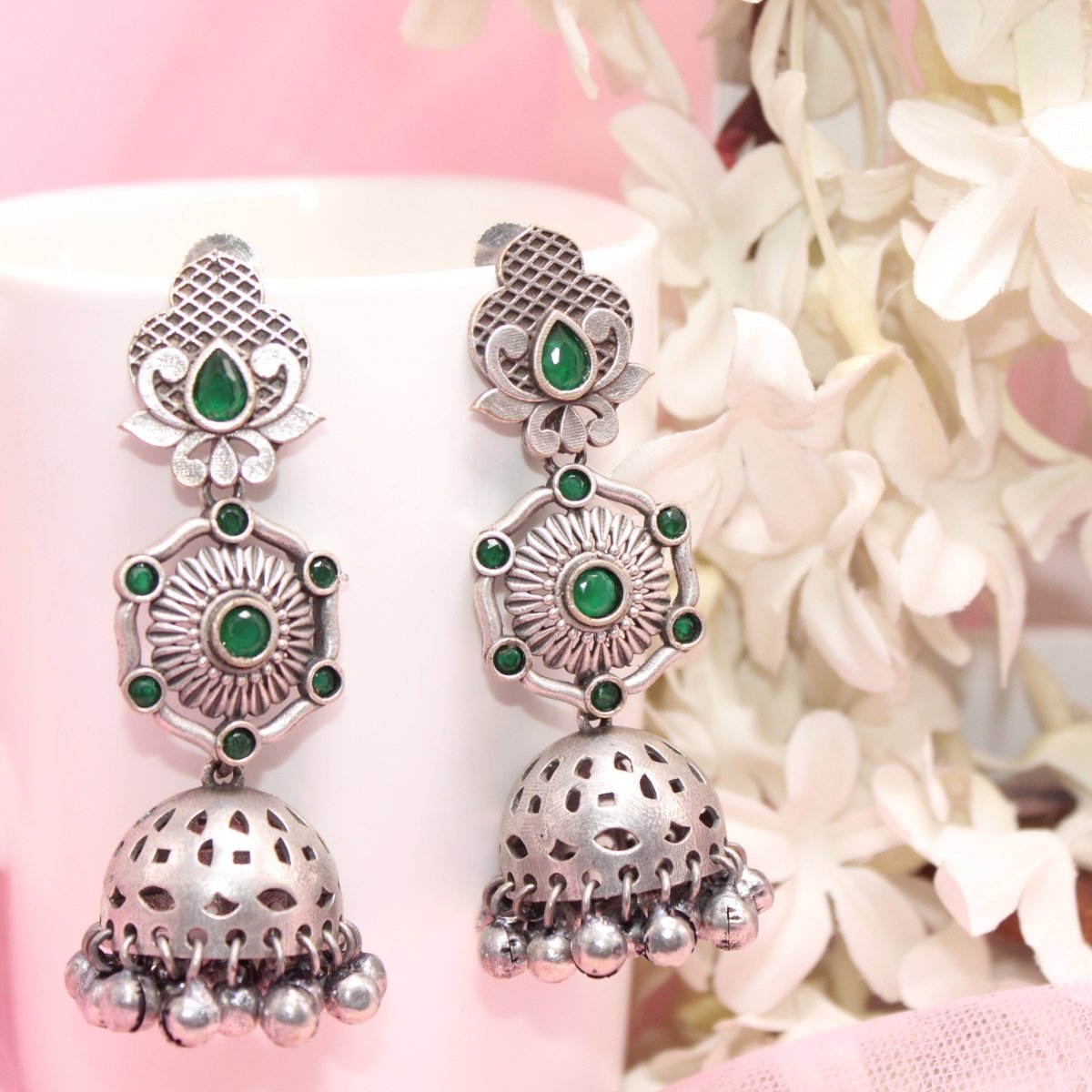 SILVER LOOK ALIKE LONG JHUMKA WITH GHUNGROO-GREEN