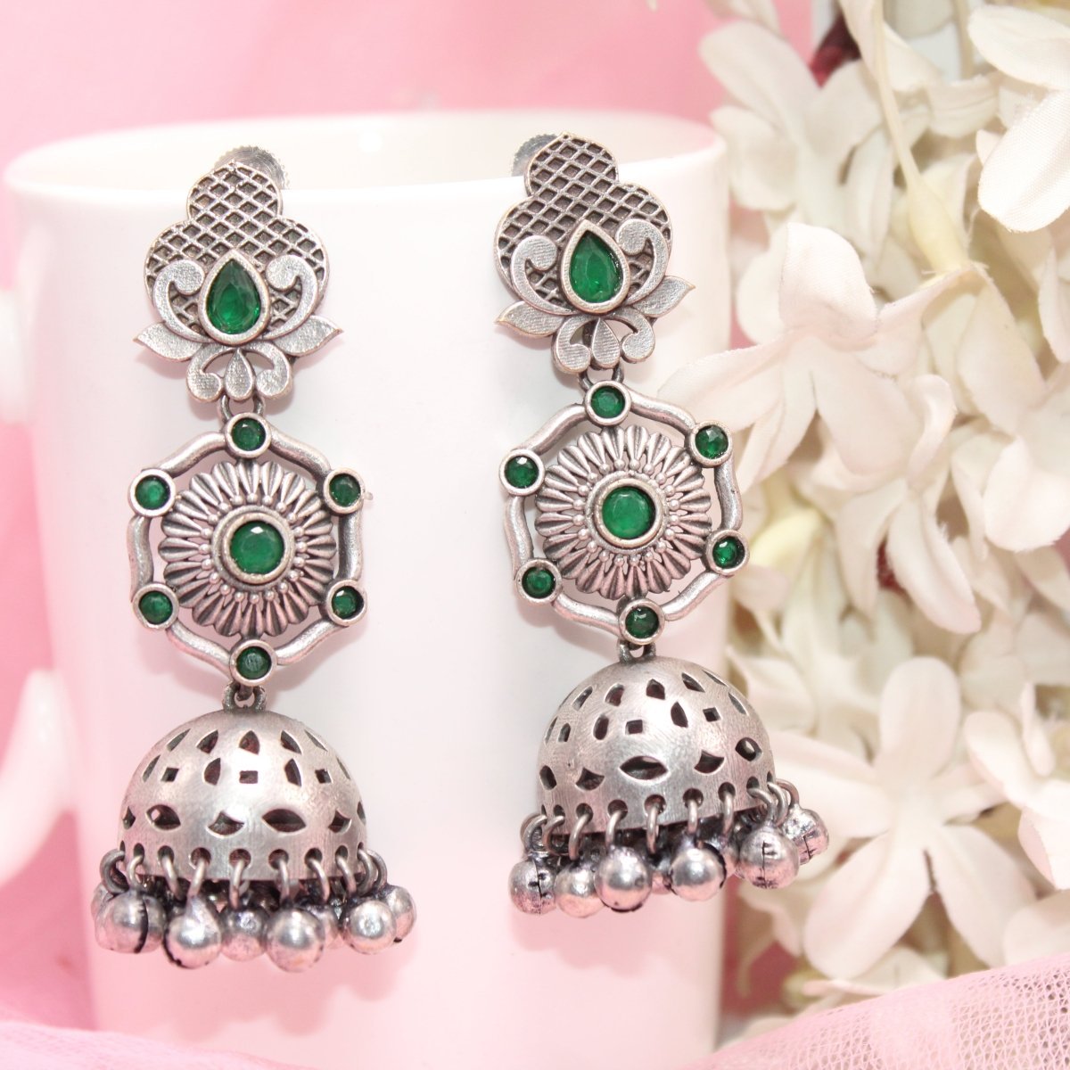 SILVER LOOK ALIKE LONG JHUMKA WITH GHUNGROO-GREEN