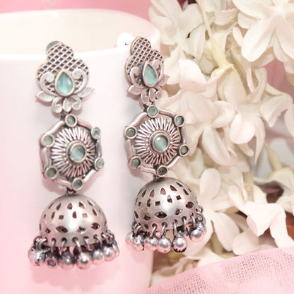 SILVER LOOK ALIKE LONG JHUMKA WITH GHUNGROO - MINT