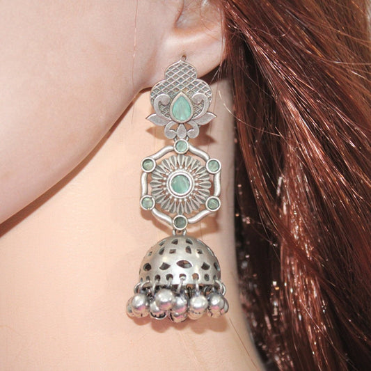 SILVER LOOK ALIKE LONG JHUMKA WITH GHUNGROO-MINT