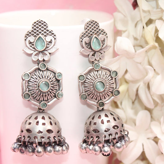 SILVER LOOK ALIKE LONG JHUMKA WITH GHUNGROO - MINT