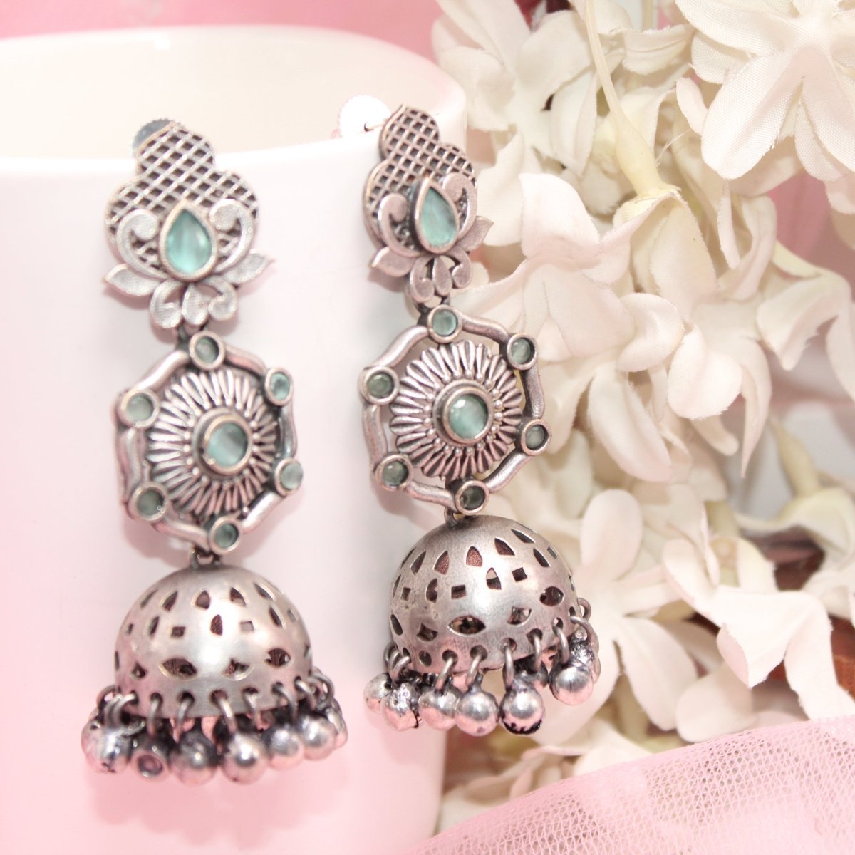 SILVER LOOK ALIKE LONG JHUMKA WITH GHUNGROO-MINT