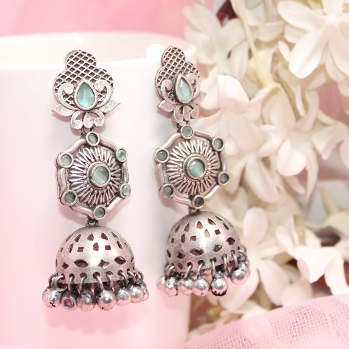SILVER LOOK ALIKE LONG JHUMKA WITH GHUNGROO - MINT