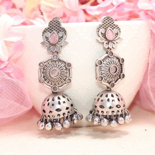 SILVER LOOK ALIKE LONG JHUMKA WITH GHUNGROO - PINK